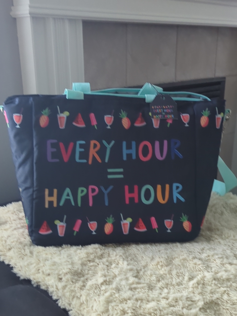 Indigo Navy Blue Tote Bag with Multicolor Happy Hour Print